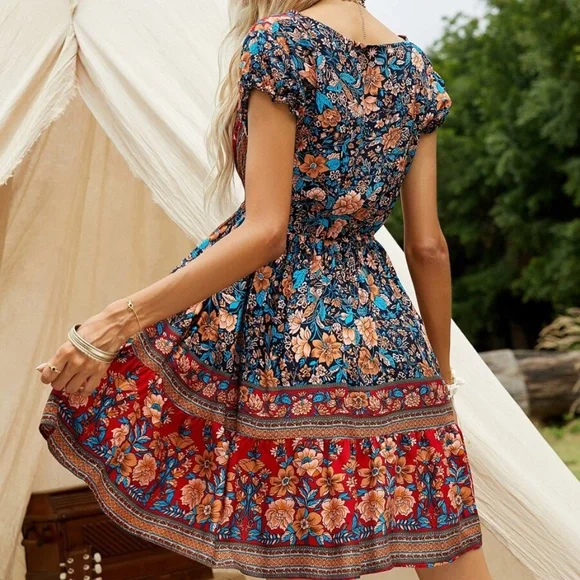 Red Floral Print boho gypsy vneck mini dress - Picture 3 of 4